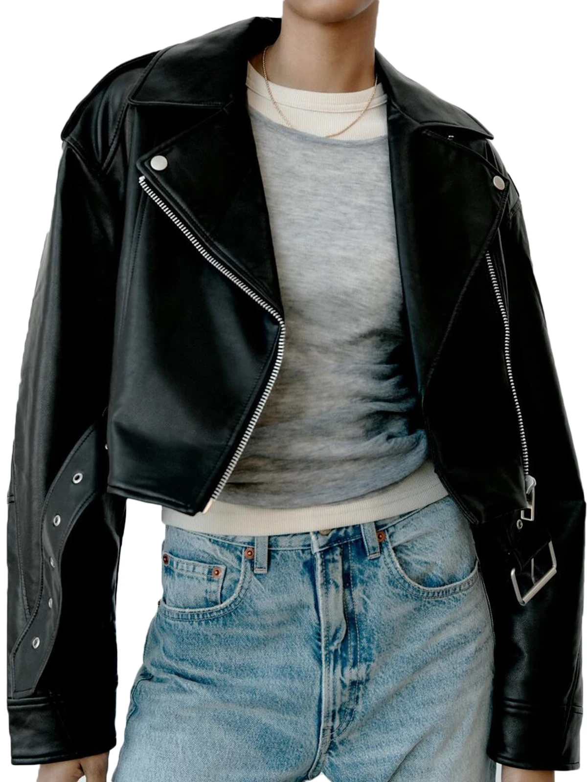 Taro Jacke Damen Vintage Kunstleder übergroß mit Gürtel | Lässig, Biker-Style, Feminine Silhouette