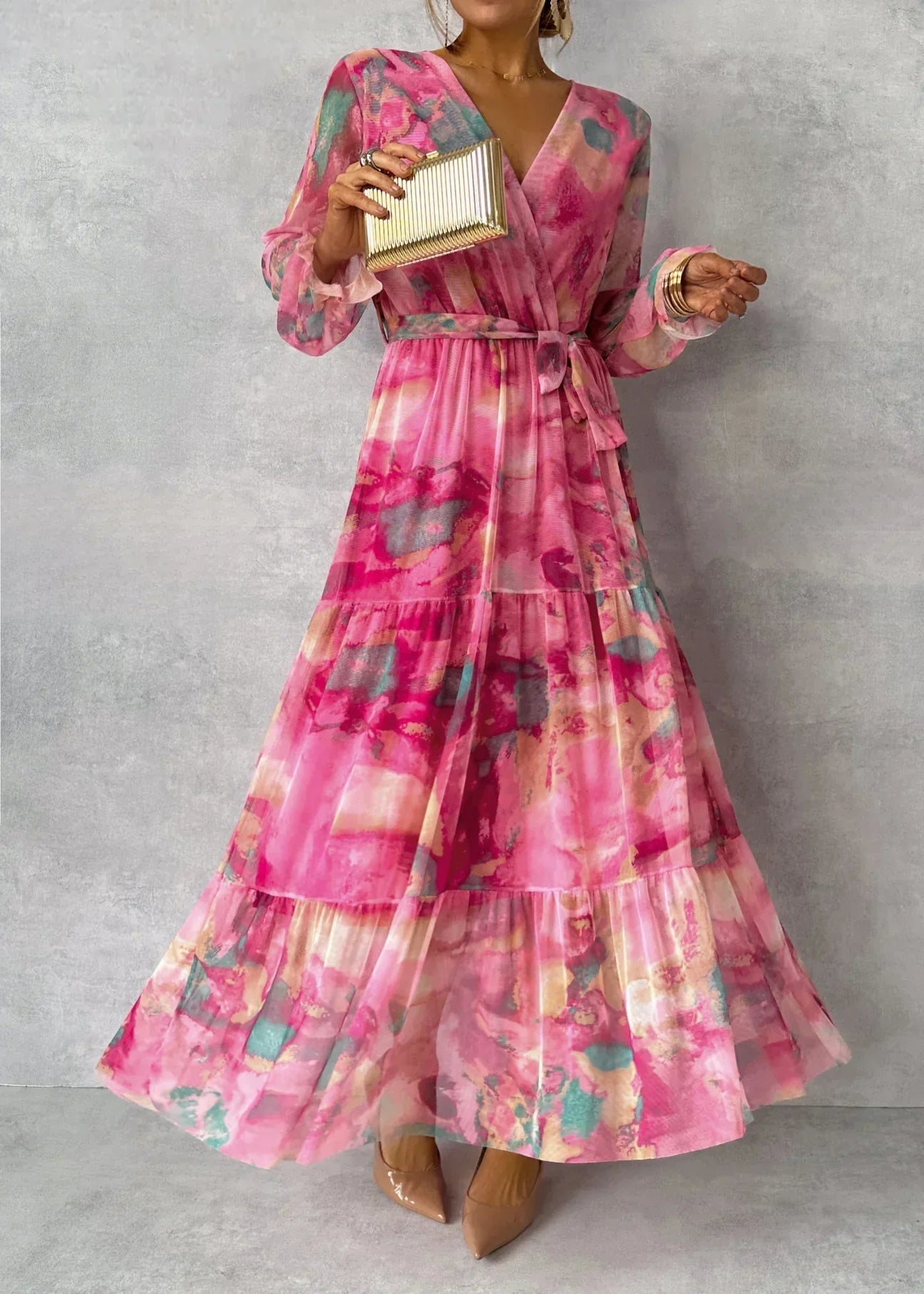 Sola Damen Wickelkleid - Festliches Kleid Mit Blumenmuster Und Langen Ärmeln