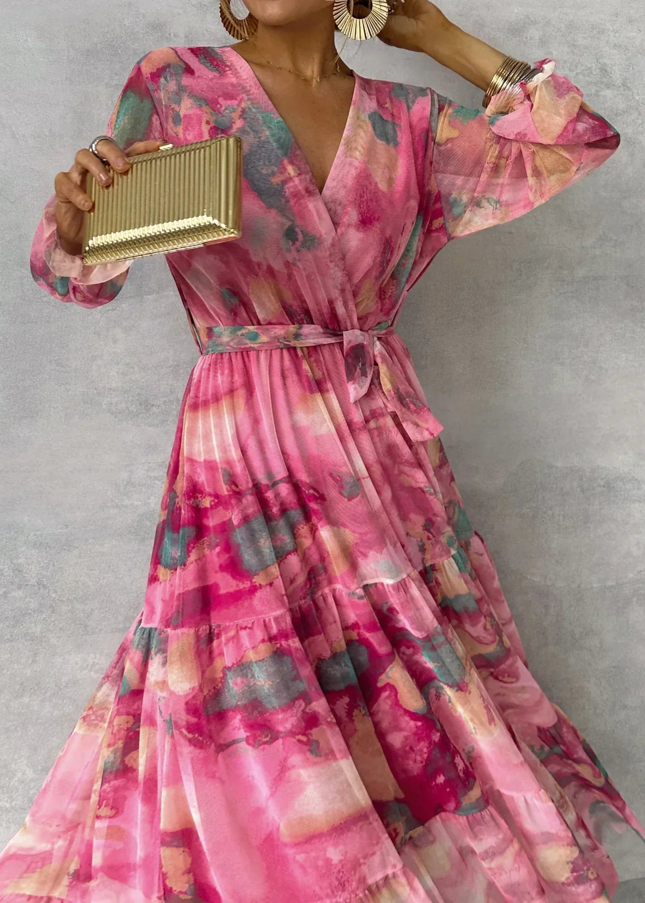 Sola Damen Wickelkleid - Festliches Kleid Mit Blumenmuster Und Langen Ärmeln