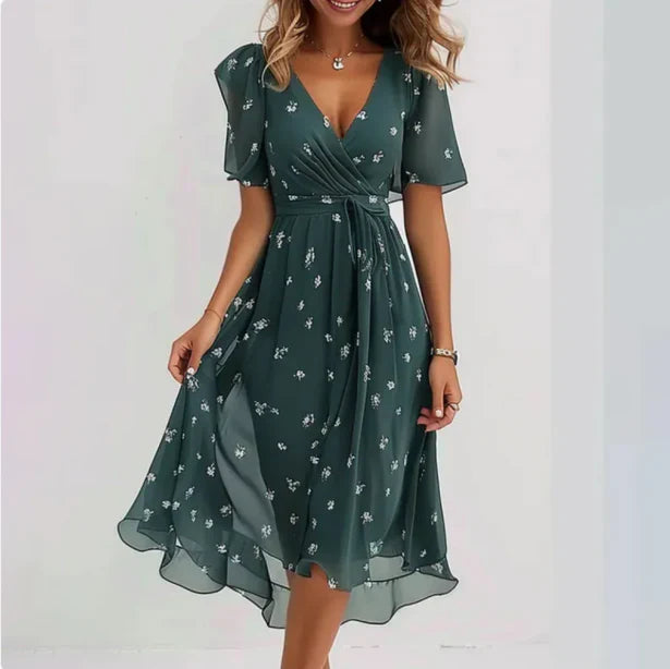 Elegant V-Neck Wrap Dress for Women: Chic Midi Length, Comfortable Fit, Versatile Style