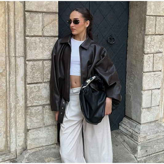 Laro Lederjacke mit Schnürung für Damen | Lose Passform, Umlegekragen-1
