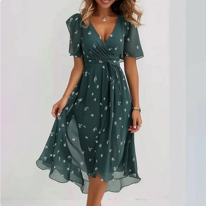 Elegant V-Neck Wrap Dress for Women: Chic Midi Length, Comfortable Fit, Versatile Style