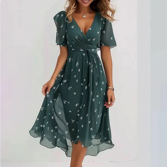 Elegant V-Neck Wrap Dress for Women: Chic Midi Length, Comfortable Fit, Versatile Style